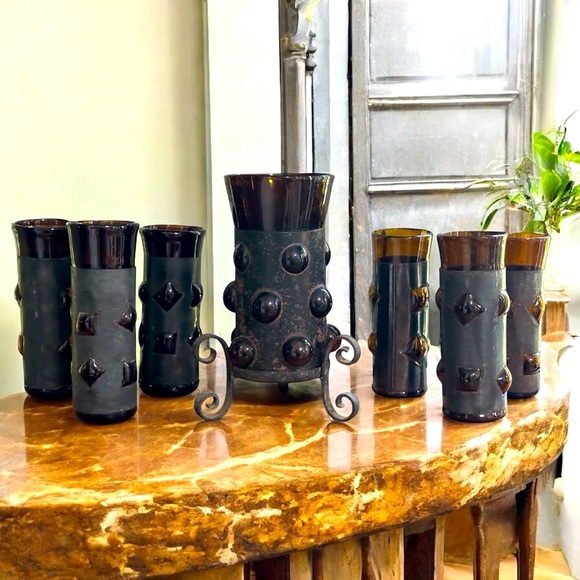 MCM Brutalist Felipe Derflinger Imprisoned 6 Amber Highball + Candle Holder - Picture 1 of 11